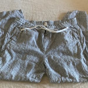 Linen Wide Leg Pants Striped Cropped Drawstring